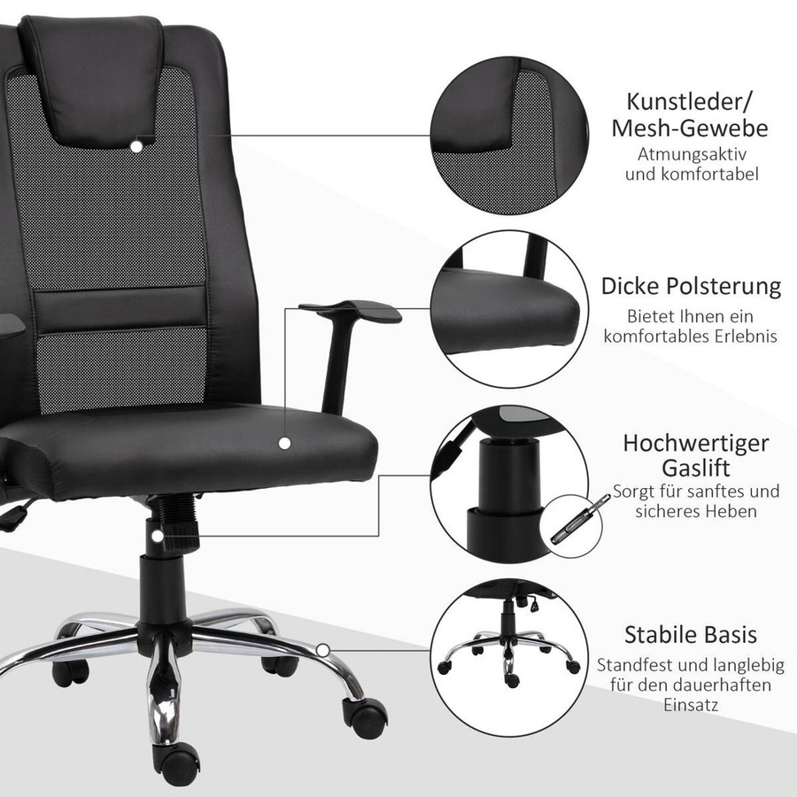 HOMCOM Chefsessel in Schwarz mit Kopfstütze, Armlehnen und Netzstoff, höhenverstellbar und drehbar, B/H: 70 x 124 cm - Bild 3