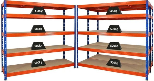 PROREGAL Rhino Schwerlastregal Set aus 3 Stück, Blau/Orange, 5 Ebenen mit Spanplatten, H x B x T: 180 x 200 x 60 cm - Bild 1