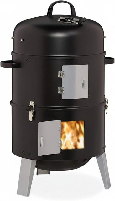 Relaxdays Räuchertonne aus Stahl in Schwarz mit Thermometer, Grillrost und Rauchabzug, H x B x T: 80 x 52 x 40 cm - Bild 1