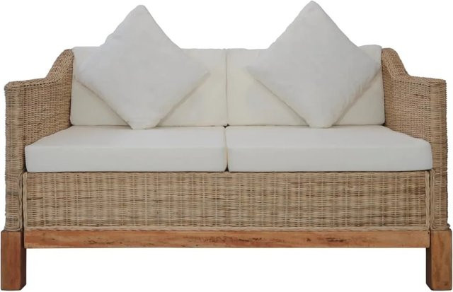 vidaXL 2-Sitzer-Sofa aus Natur-Rattan und Mango-Holz mit beige-weißen Auflagen und Kissen - Bild 1