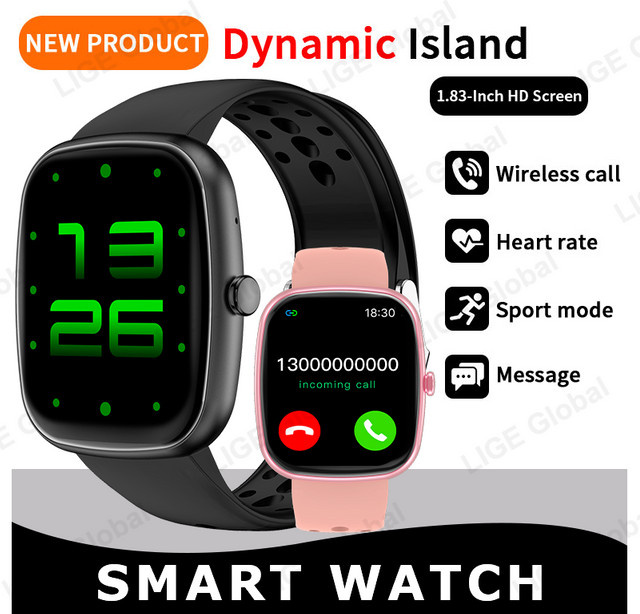 LIGE Smartwatch mit Bluetooth-Anruffunktion und 1,83 Zoll Display für Android und iOS, Sportuhr mit Herzfrequenzmessung und individuellem Zifferblatt in Schwarz und Pink - Bild 1