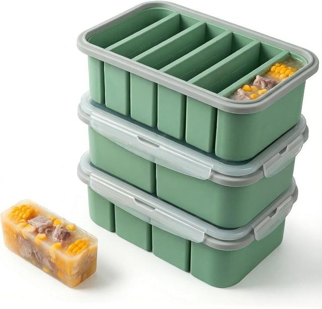Gotrays Silikon-Gefrierbehälter mit Deckel 3er-Pack in Rosa und Grün, stapelbare Portionierungsformen für Mahlzeitenvorbereitung, Backofen- und spülmaschinenfest - Bild 1