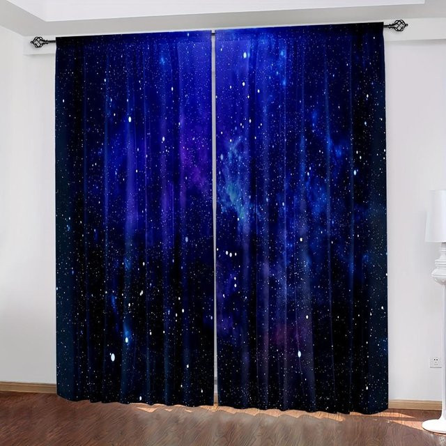2er-Set Galaxy Vorhänge mit glänzenden Sternen in Blau, semi-transparent, Breite: 65 cm, Höhe: 60 cm - Bild 1