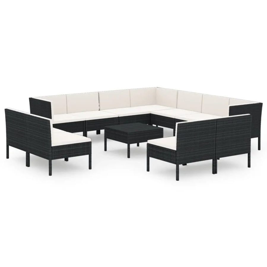 vidaXL 12-tlg. Garten-Lounge-Set in U-Form aus Poly-Rattan und pulverbeschichtetem Stahl in Schwarz mit Polstern und Kissen - Bild 2