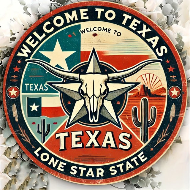 Potdemiel Rundes Aluminiumschild Texas Unabhängigkeit Star State Vintage Wandkunst, Durchmesser: 20 cm, Mehrfarbig - Bild 1