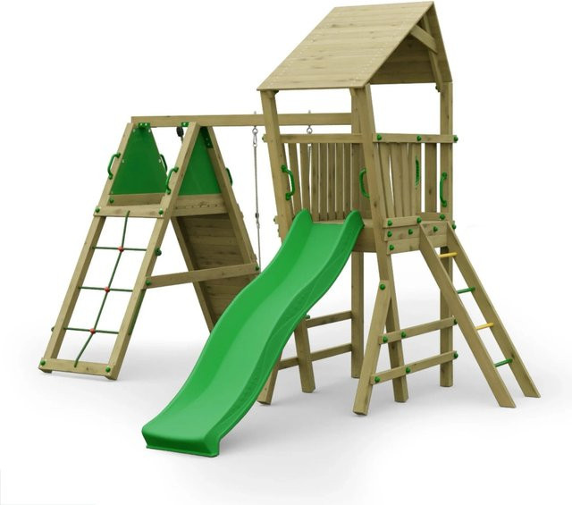 Spielturm Funky Combo FLEA ROCKER aus Holz mit Schaukel, Rutsche und Sicherheitsnetz in Grün und Multicolour - Bild 1