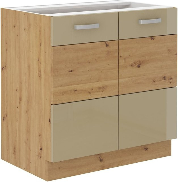 Küchenunterschrank Eiche Artisan und Cappuccino Hochglanz mit Einlegeboden, Breite: 80 cm - Bild 1