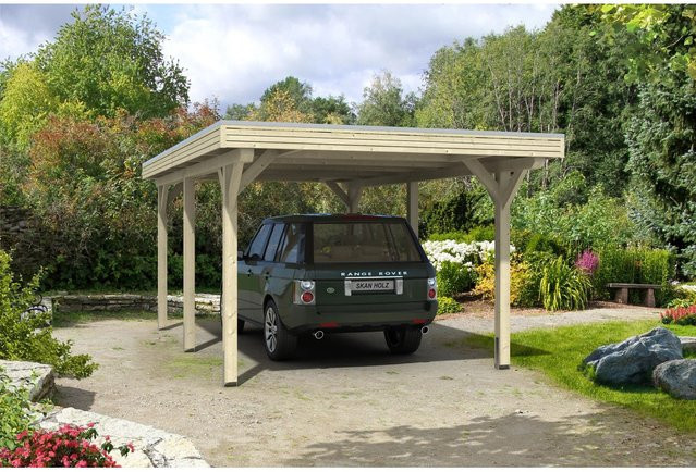 Skan Holz Einzelcarport Spessart Flachdach aus Fichten-Leimholz in Beige mit Aluminium-Dachplatten, B/T: 355 x 604 cm, Höhe: 243 cm - Bild 1