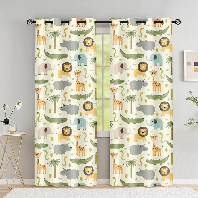 2er-Set Safari Tiere Fenster Vorhänge mit Dschungel Wald Print von A Family Of Home Textiles, Weiß/Mehrfarbig, Breite: 50 cm, Höhe: 130 cm - Bild 1