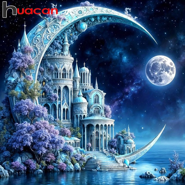 Huacan Diamond Painting Set Mond Schloss Landschaft mit Rundbohrern, Mehrfarbig, Breite: 20 cm, Höhe: 20 cm - Bild 1
