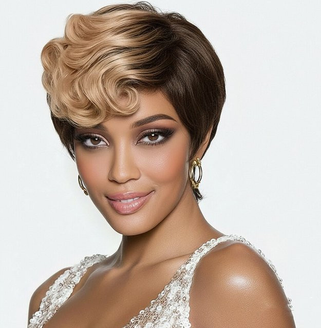 OYM HAIR Perücke, braun blonde lockige Pixie-Perücke, Echthaar, Damen - Bild 1