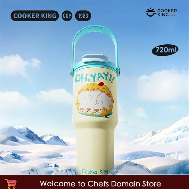 COOKER KinG Thermoskanne mit Tasse und Strohhalm, Cartoon-Muster, 316 Edelstahl, Gelb, 720 ml - Bild 1