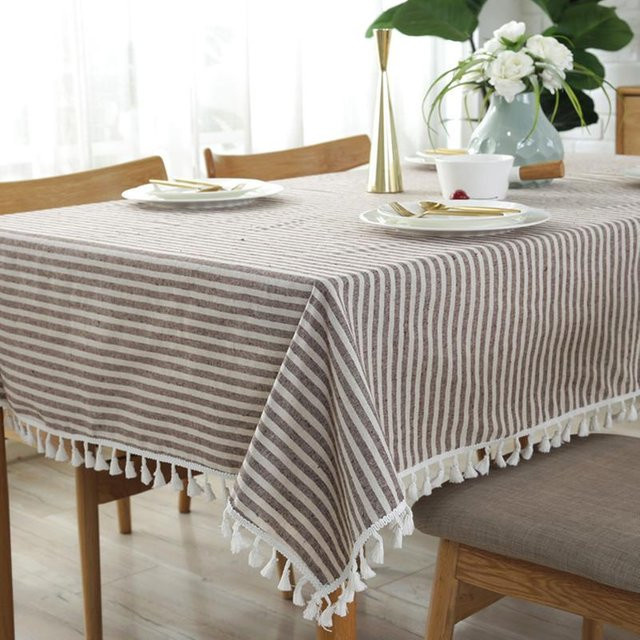 Super Six Gestreifte Tischdecke aus Baumwollleinen mit Quaste in Braun, quadratisch, B/B: 90 x 90 cm - Bild 1