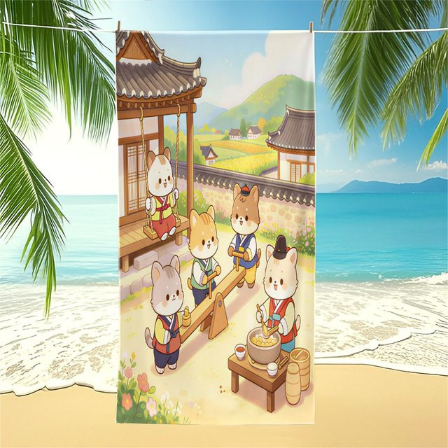 Schnell trocknendes Strandtuch mit Koreanischem Hanbok-Katzen-Motiv, Mehrfarbig, 75 x 75 cm - Bild 1