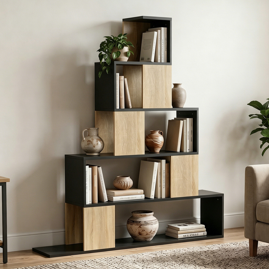 HOMCOM Aufbewahrungsregal Geometrisches 5-Ebenen-Bücherregal Modern Schwarz und Naturholz B/T/H: 120 x 22 x 131,5 cm - Bild 1