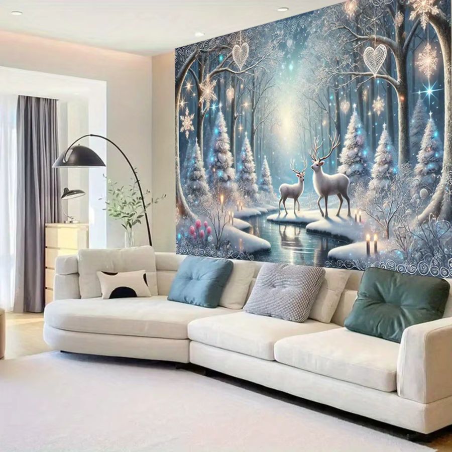 VIKAMA Nordischer Wandteppich mit Rentier und Schneeszene als Winter Wanddekoration für dein Wohnzimmer - Bild 2