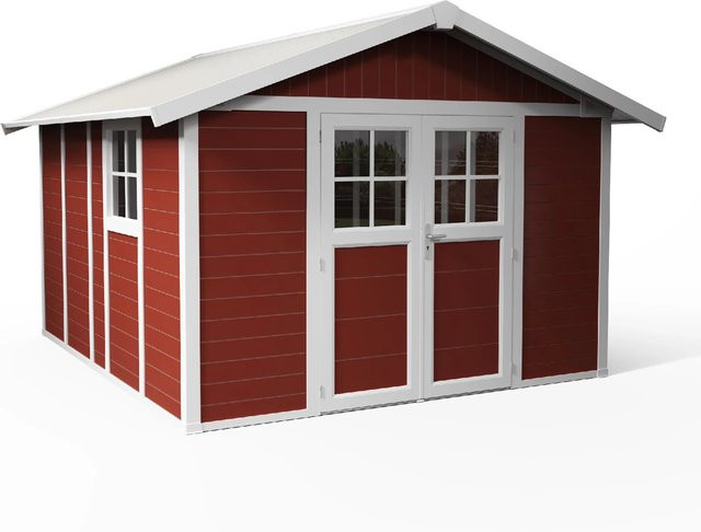 Grosfillex Gartenhaus Deco Gerätehaus aus Kunststoff in Rot mit 11 m2 Fläche, Doppeltür und Fenstern - Bild 1