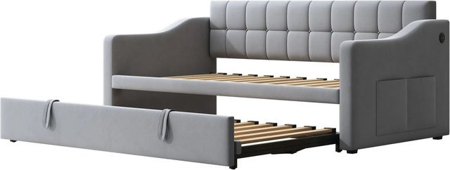 Merax Schlafsofa aus Samt mit USB-Ladefunktion in Hellgrau, B/T/H: 190 x 90 x 40 cm - Bild 1