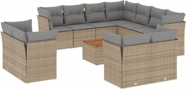 vidaXL 12-teilige Garten-Sofagarnitur aus Polyrattan in Beige mit Kissen und Akazienholz - Bild 1