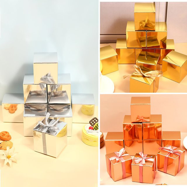 10 Stück Goldene Geschenkboxen mit Deckel und Siegelband, B/T/H: 12,7 x 12,7 x 12,7 cm - Bild 1