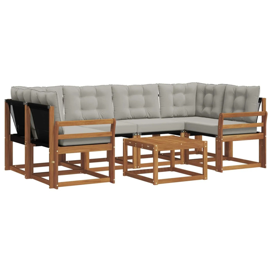 vidaXL Outdoor-Sofagarnitur 7-teilig aus Akazienholz und Textilene in Natur und Hellgrau mit Kissen und Armlehnen - Bild 2