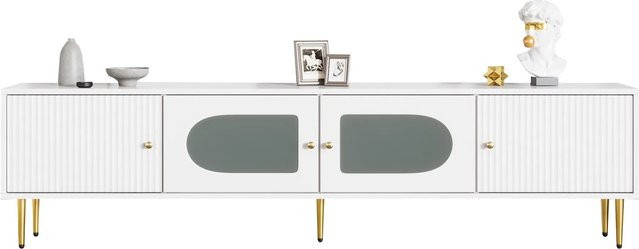 okwish TV Schrank mit Glastüren in Weiß und Gold für dein Wohnzimmer, B/T/H: 170 x 35 x 50 cm - Bild 1