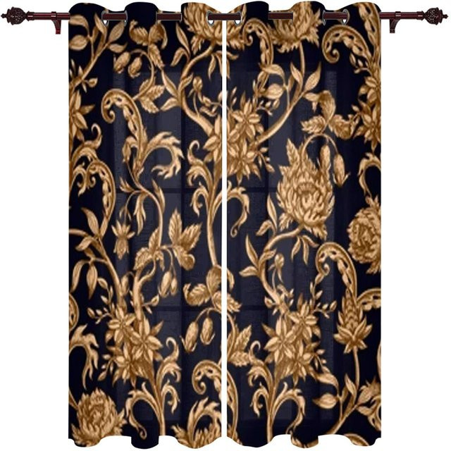 Super Six Barocke Fenstervorhänge mit goldenem Blumenmuster, semi-transparent, Farbe: Gold, B/H: 135 x 245 cm - Bild 1