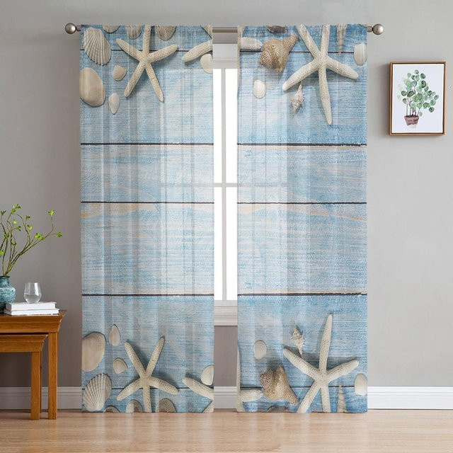 Transparente Tüll-Vorhänge mit Seestern-Motiv in Blau, B: 135 cm, H: 185 cm - Bild 1
