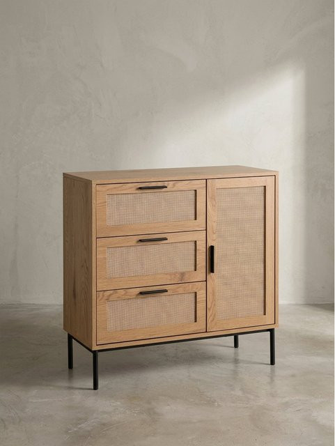 Moderne Kommode von KADIMA DESIGN in Eiche-Dekor und Rattan mit 3 Schubladen und 1 Tür, Farbe: Braun, B/H/T: 80 x 82 x 36 cm - Bild 1