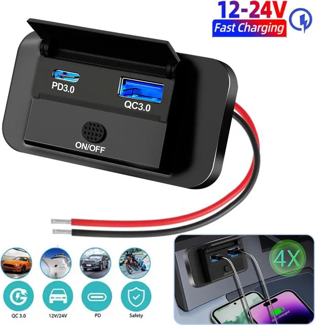 kebidumei 12V USB-Steckdose mit Typ C PD 55W und QC3.0 36W Schnellladebuchse, Schwarz, mit Netzschalter und wasserdichter Abdeckung für Motorräder und Wohnmobile - Bild 1