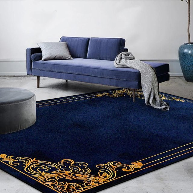 JGJG Moderner Luxus-Teppich in Blau mit goldener Bordüre, rutschfest und waschbar, B: 100 cm, L: 160 cm - Bild 1