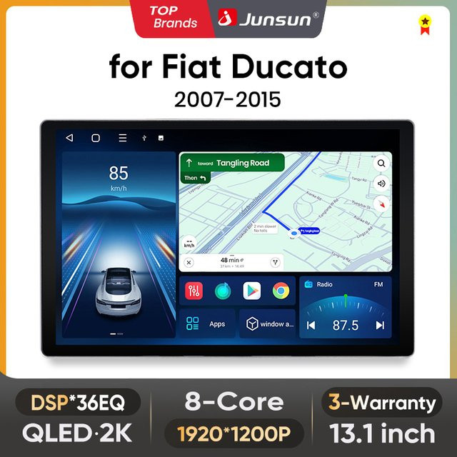 Junsun QLED Android Wireless CarPlay Autoradio mit Wi-Fi für Fiat Ducato, Peugeot Boxer 2 und Citroen Jumper 2 (2006–2015), 13,1 Zoll, Schwarz - Bild 1