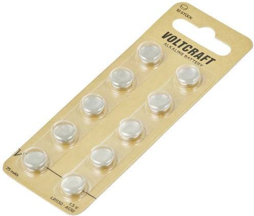 Voltcraft Knopfzellen LR1130 1.5V 75 mAh Alkali-Mangan AG10, 10 Stück, Silber - Bild 1