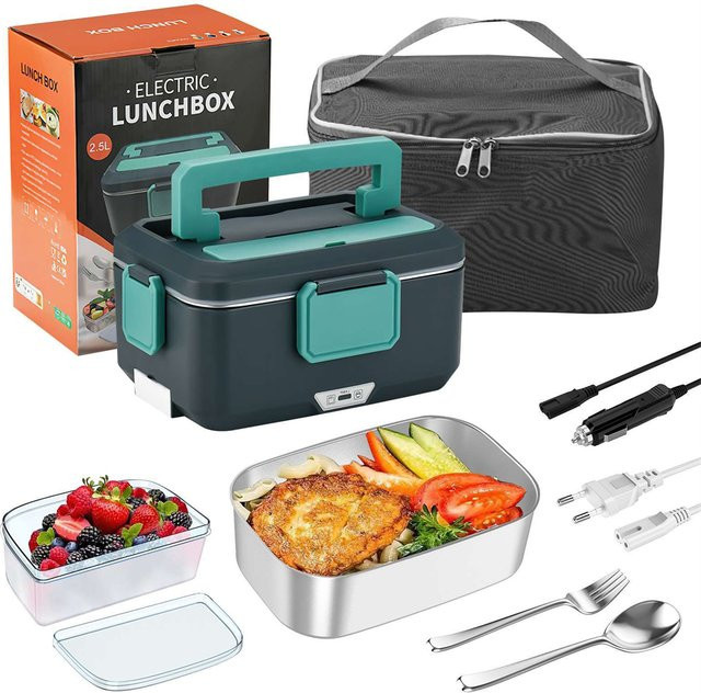 Elektrische Lunchbox OWJHE mit Edelstahl-Inliner, 2,5 l, 90 W, für 12/24/220 V, Farbe: Grün/Silber - Bild 1