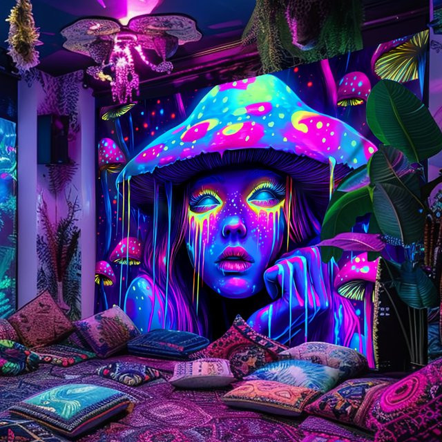 VIKAMA Psychedelic Mushroom Girl Wandteppich, Schwarzlicht-reaktiver Wandbehang in Multicolour, B/H: 60 x 40 cm - Bild 1