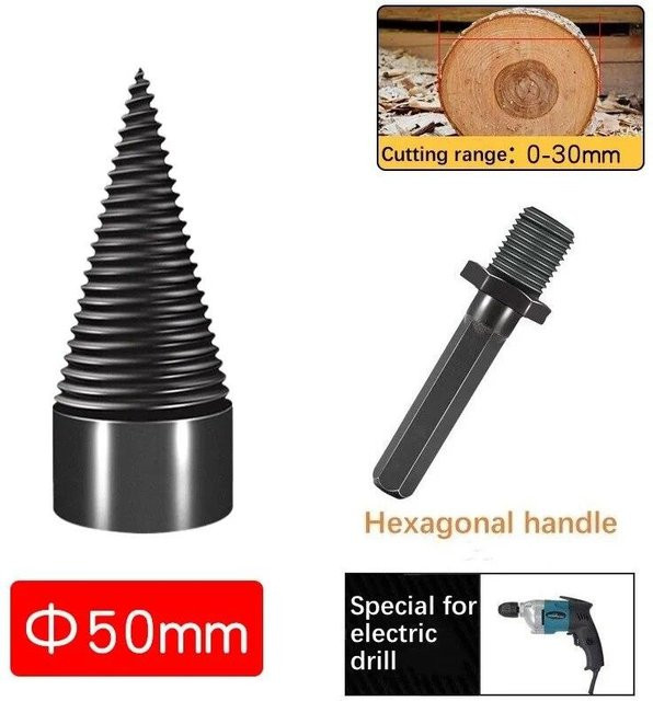 JR-Studio Holzspalter Bohrer mit abnehmbarer Schraube und Hexagon Schaft in Schwarz, Durchmesser: 50 mm - Bild 1