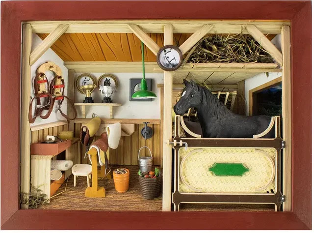 3D-Holzbild Pferdestall in Braun, Schwarz und Multicolour, B/H: 30 x 30 cm - Bild 1