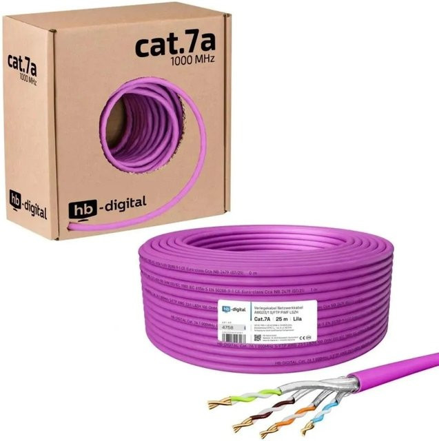 hb-digital Netzwerkkabel CAT 7a Verlegekabel S/FTP AWG23 LSZH Lila, Länge: 25 m - Bild 1