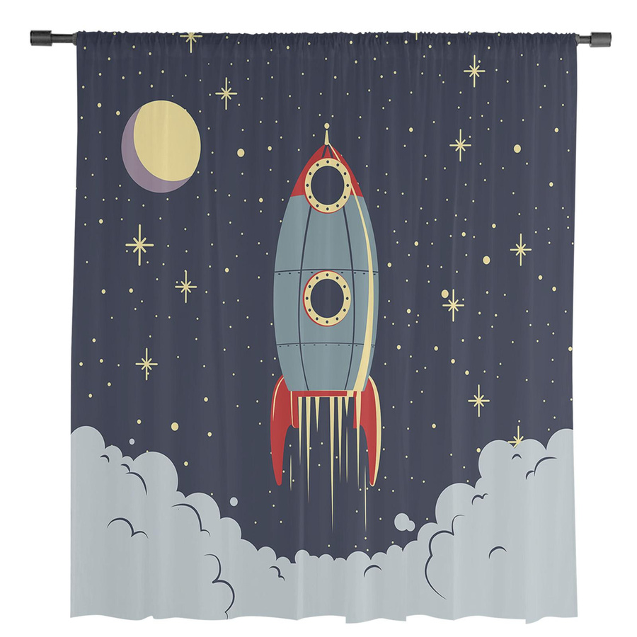 Transparente Weltraum Vorhänge mit Raketen-Motiv aus Tüll, Voile und Organza für Kinderzimmer und Wohnzimmer, B: 135 cm, H: 160 cm - Bild 2