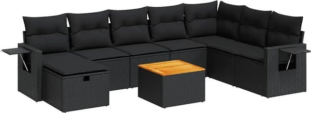 vidaXL 9-tlg. Garten-Sofagarnitur in L-Form aus schwarzem Poly-Rattan mit Kissen und Akazienholz - Bild 1