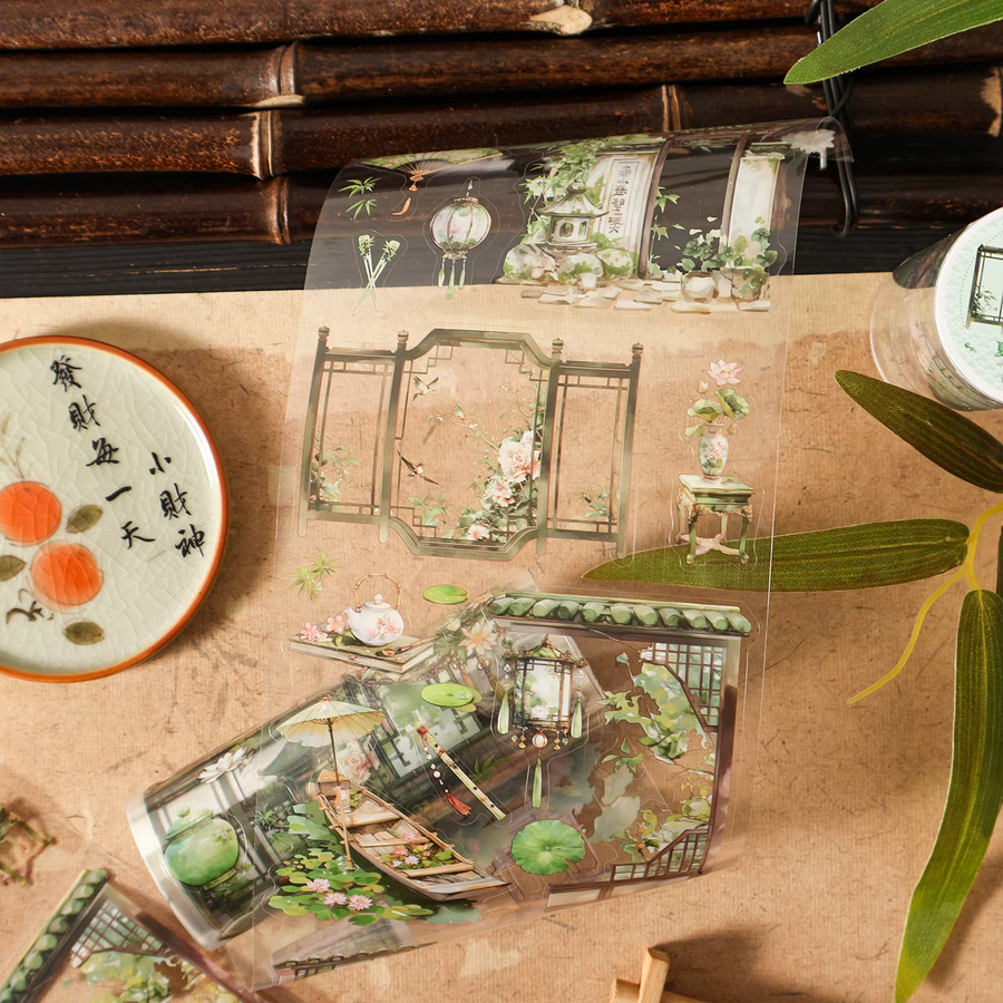 Etori Life Washi-Tape im chinesischen Stil mit Sommerlotus- und Bambus-Motiv, Mehrfarbig, 2 m - Bild 3
