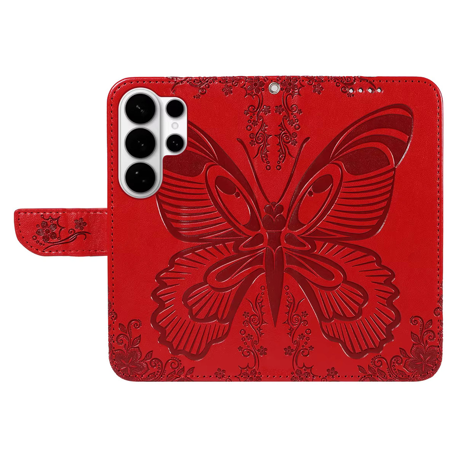 Magnetische Leder-Brieftaschenhülle für Samsung Galaxy S26 Plus, S26 Edge oder S26 Ultra in Rot mit 3D-Schmetterlingsprägung und Ständerfunktion - Bild 2