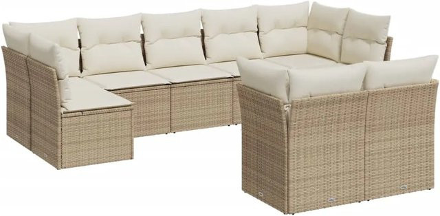vidaXL 9-tlg Garten-Sofagarnitur in U-Form aus Poly-Rattan mit Kissen in Beige und Cremeweiß - Bild 1