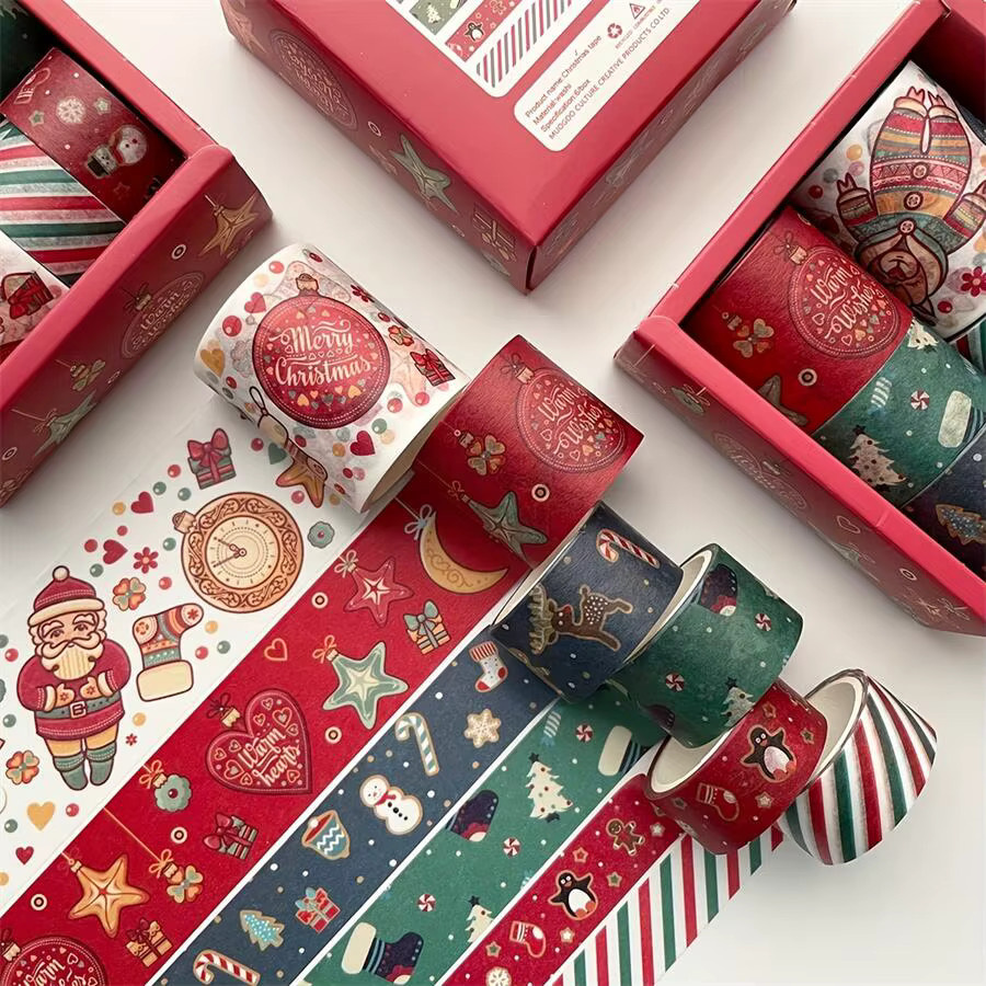 6 Stück Weihnachts Washi-Tapes aus Papier in Rot und Multicolour für Scrapbook, DIY und Geschenkverpackungen - Bild 3
