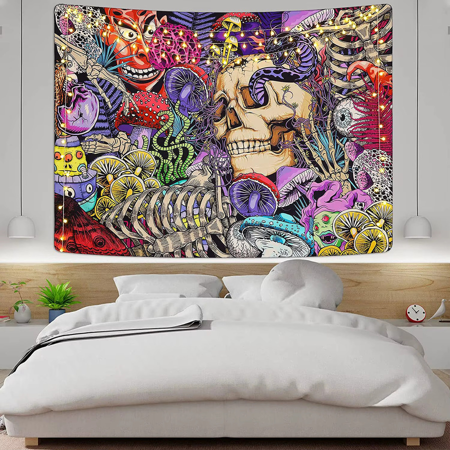 VIKAMA Wandteppich mit Totenkopf und Pilz-Motiv in Multicolour, rechteckige Textil-Wanddekoration mit abstraktem Design, Breite: 60 cm, Höhe: 40 cm - Bild 2