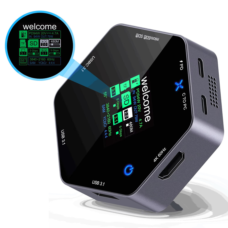 CoolFish USB-C Dockingstation 8-in-1 Multi-Port-Hub mit Smart Display, 4K UHD HDMI und PD-Ladung, Grau - Bild 5