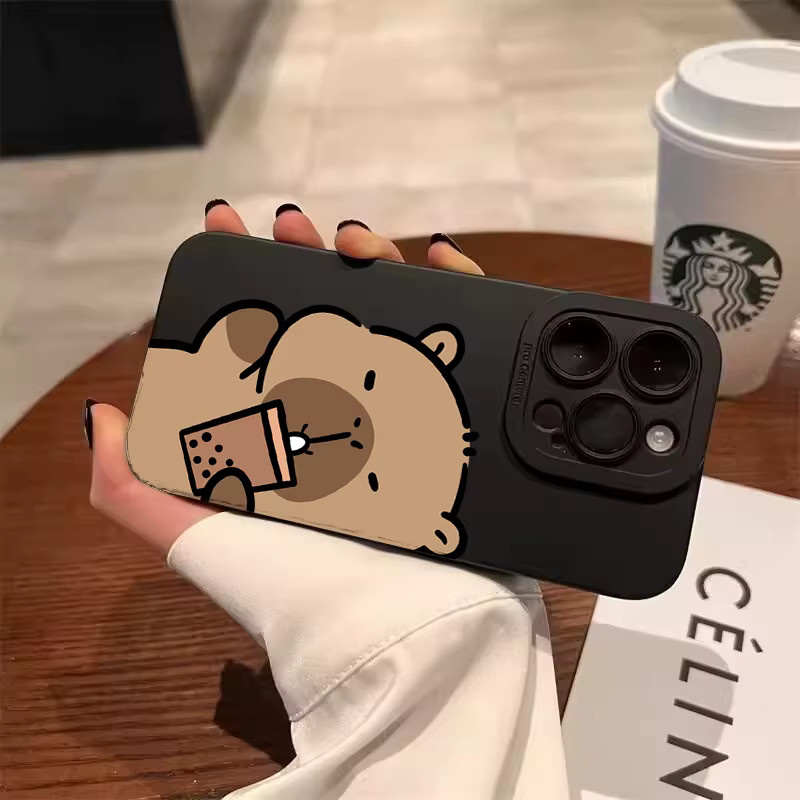 Schutzhülle mit Cartoon Capybara Design für Xiaomi Poco F7 F6 X7 X6 X5 M6 Pro F5 Mi 11 Lite 5G 15T 14T 13T 12T in Schwarz mit Frosted Angel Eye Effekt - Bild 2