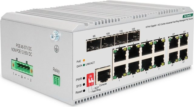 Digitus Industrial Gigabit Ethernet PoE Switch L2 Managed mit 8 RJ-45 Ports und 4 SFP Uplink Ports - Bild 1