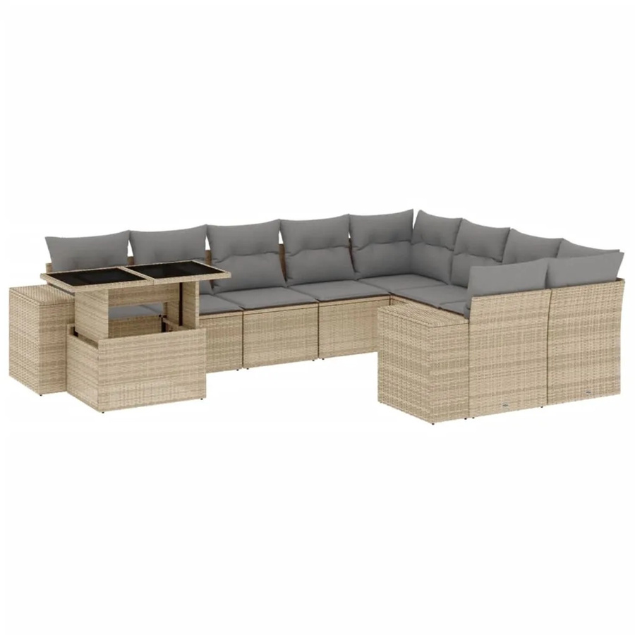 vidaXL 10-tlg. Garten-Sofagarnitur in L-Form aus beigem Poly-Rattan mit Kissen und pulverbeschichtetem Stahlgestell - Bild 2