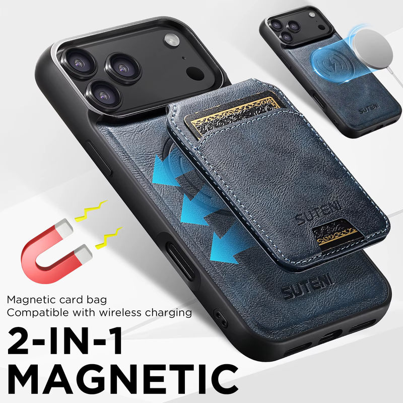 SUTENI 2-in-1 Magnet Kunstleder Handyhülle mit Kartenhalter und Ständer für iPhone 17 Pro Max 16 15 14 13 12, Farbe: Braun, Wireless Charging kompatibel - Bild 4